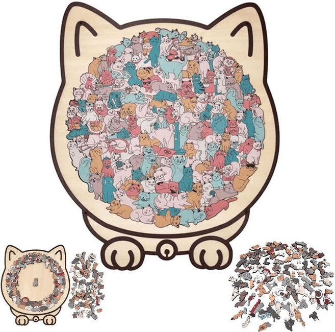 귀여운 고양이 우드 퍼즐 탑쌓기 입체 장난감 스트레스 해소 두뇌개발 선물 성인 아이 공용, 마카롱 스타일 [스탠드 포함]