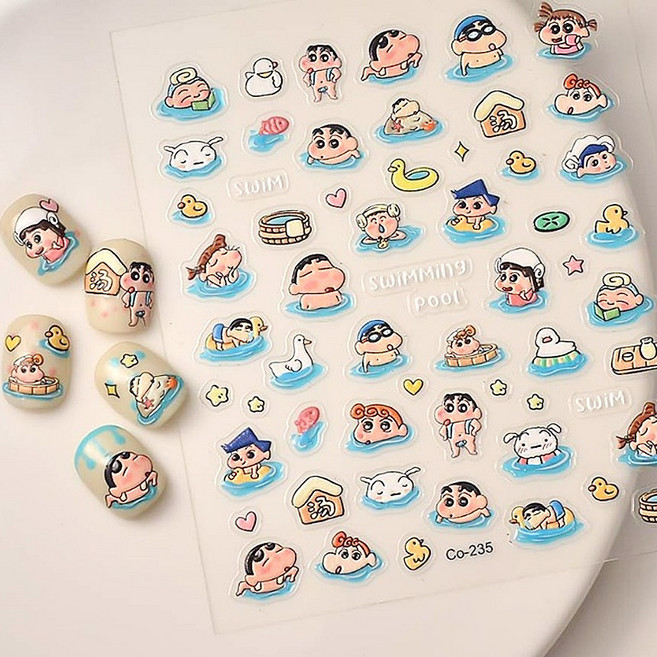 여름 온천 짱구 네일스티커 JS CO-235 흰둥이 수영, 1개