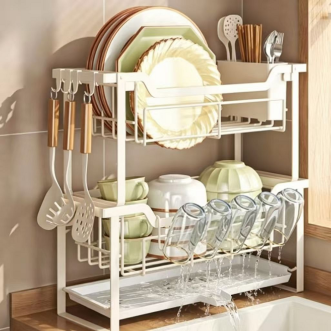 GERDU 주방 식기건조대 미니 설거지건조대 컵거치대 수저통 고리 포함, 1개, 화이트, 2단