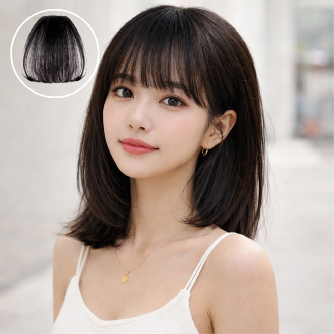 Elivlt 얼굴 작아보이는 여자 시스루뱅 앞머리 가발 자연스러운 헤어피스, 1개, 베이직뱅 블랙