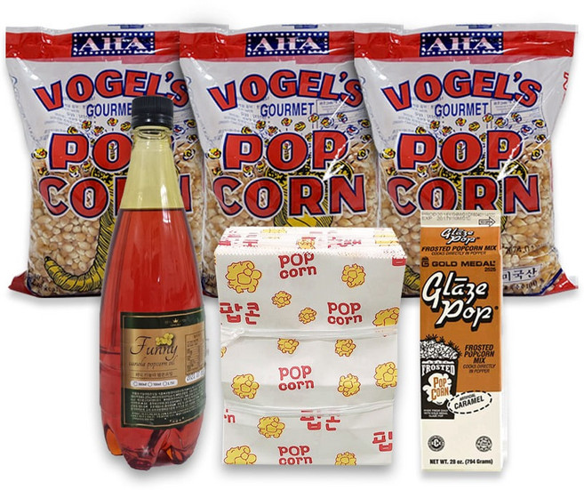 카라멜 팝콘재료 세트 100명분 아하 보겔옥수수 700g 3팩 카놀라 액상 팝콘오일 700g 카라멜슈가 794g 팝콘봉투 소형 100장, 3개