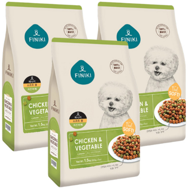 피니키 2개월령부터 전연령 소프트볼 치킨 소프트 사료, 닭+야채, 1.5kg, 3개