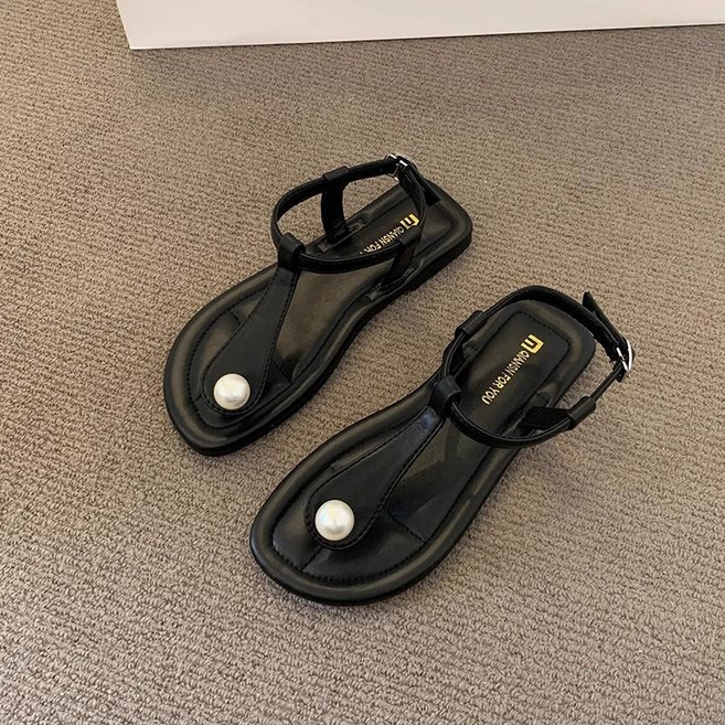 MI GIAN SHI 平底羅馬涼鞋女, 24 cm, 黑色