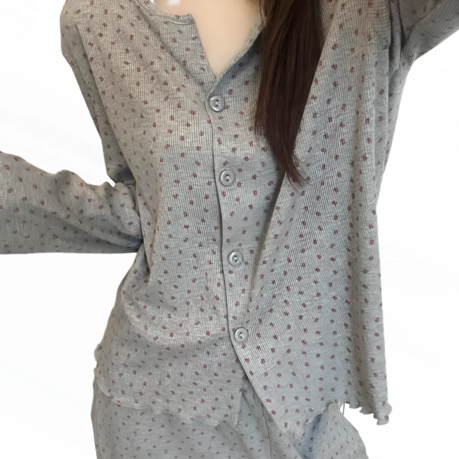 지니마켓25 프릴 도트 스판 여성 잠옷 세트 긴팔 파자마 홈웨어 가디건형 상하의
