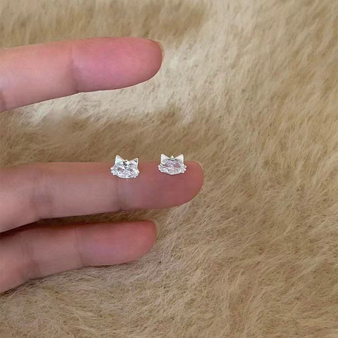 DFMEI S999純銀精緻鋯石小貓咪耳釘女簡約高級感學生養耳洞耳飾