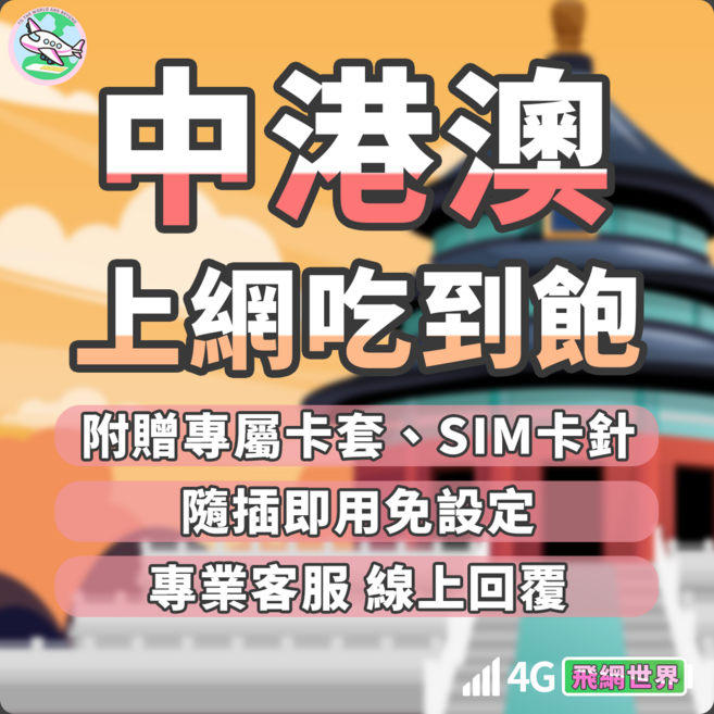 飛網世界 中港澳上網卡 免翻牆 香港 澳門 中國聯通 4G 網路卡, 1個, 流量總共3GB, 15天