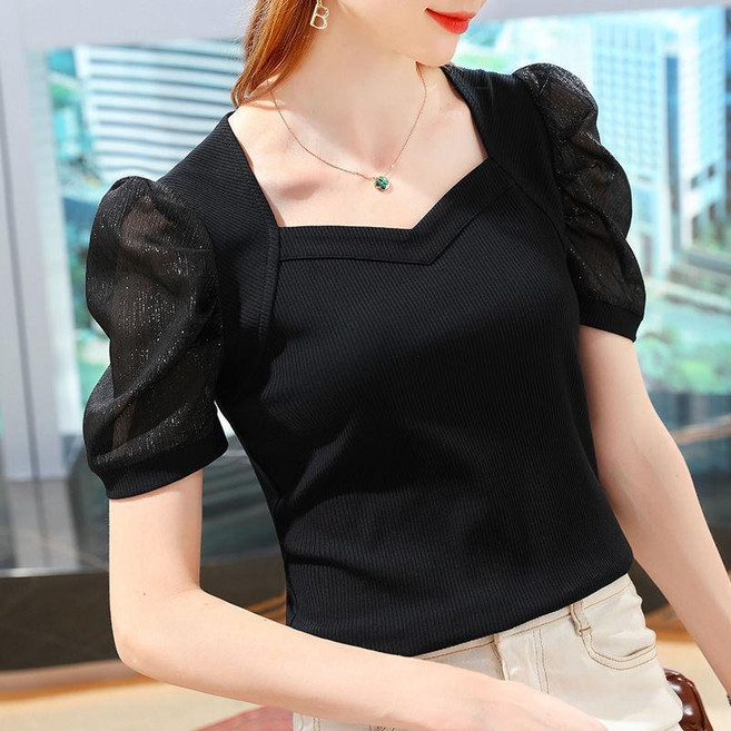 싱싱덴덩 여름 티셔츠 여성 냉장고 퍼프 캐주얼 슬림 스퀘어넥 통근 상의