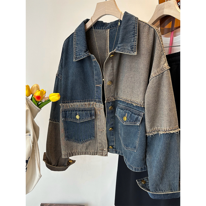 캐주얼 여성 데님 자켓 빈티지 배색 쇼트 데님 코트 봄 가을 여자 청조끼 긴소매 아우터 YSQ