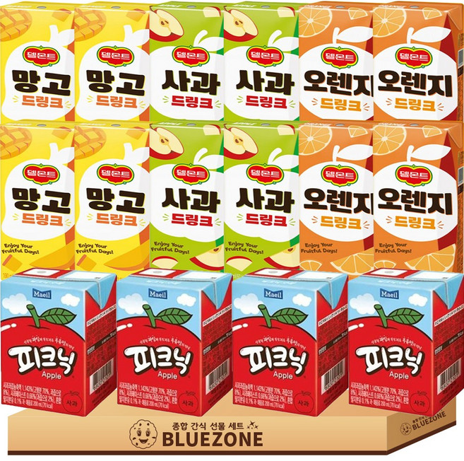 [블루존] 과일주스 음료 세트 델몬트 드링크 오렌지4 망고4 사과4 매일유업 피크닉 사과4, 16개, 190ml