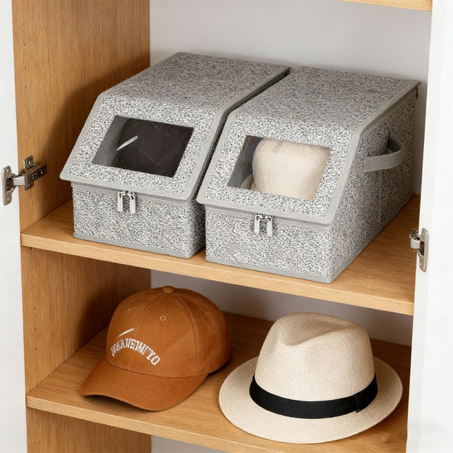 [런런피티] 모자 보관함 접이식 대용량 지퍼 수납박스 방진 투명창 모자정리함 의류정리함, 1개, 그레이
