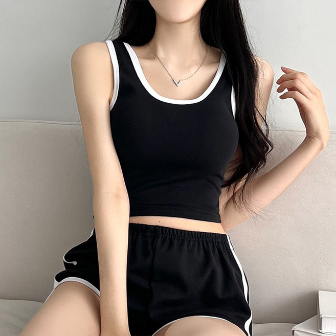 어나더뷰 1935 [4컬러] 롤린 돌핀 팬츠 세트 여름 크롭 민소매 반바지 슬리브리스 밴딩 트레이닝복 잠옷 파자마 상하세트