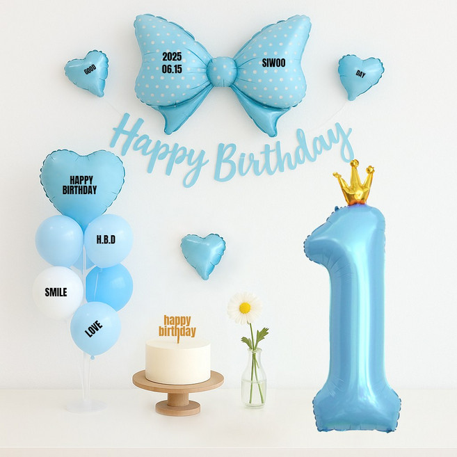 해피제이니 핑크앤블루 대형리본 숫자풍선 생일파티 가랜드 풍선 파티세트(프리레터링시트지 포함), 1세트, 블루리본 1번