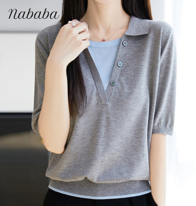 나바바 NK3089 여성 배색 포인트 카라 5부 니트티