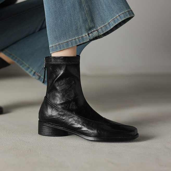 DANGZ 여성 양가죽 스퀘어 앵클부츠 보들보들한 베이직 3CM 사계절 입기