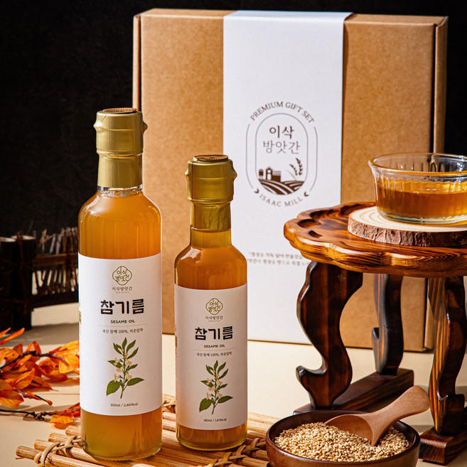 이삭방앗간 국산 저온압착 참기름 300ml + 300ml 선물세트, 1세트