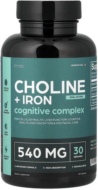 단백질 비타민 철분 마그내슘 칼슘 Thinbi 콜린 + 철분 캡슐 60정 고루고루섭취해주세요, Thinbi 콜린  철분 캡슐 60정, 1개 - 쿠팡