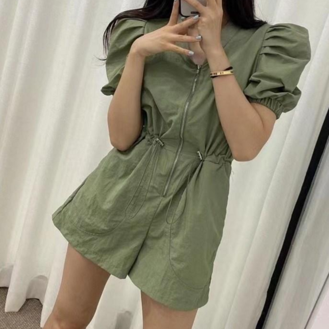 아노락 바람막이 허리 스트링 퍼프소매 집업 반팔 여성 점프수트