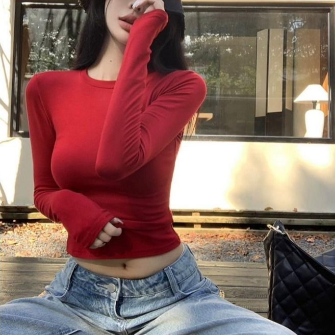 야오야오 슬림핏 크롭 모달 긴팔 티셔츠