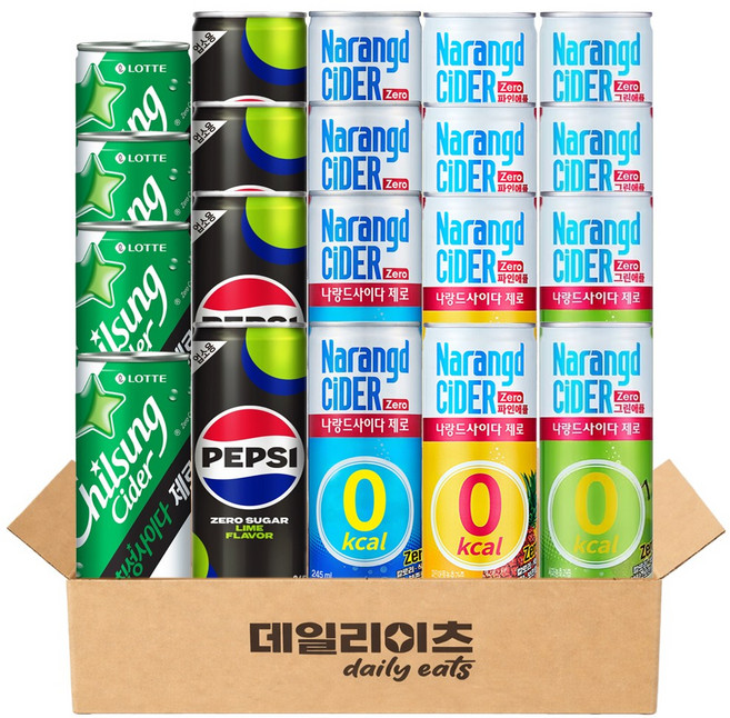 데일리이츠 제로칼로리 탄산 캔음료 5종류 총 20캔 (펩시제로 사이다제로 나랑드사이다 나랑드 그린애플 나랑드 파인애플), 1박스, 245ml