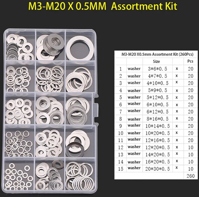 M3-M20 기계용 평 와셔 가스켓 세트 두께 0.5/0.8/1.0mm 304 스테인리스 스틸 평 와셔 플레인 가스켓 세트, 01 M3-M20x0.5MM Set
