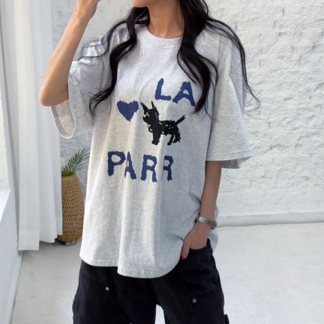 바이일이오 여성 강아지 레터링 캐릭터 오버핏 여름 반팔 티셔츠