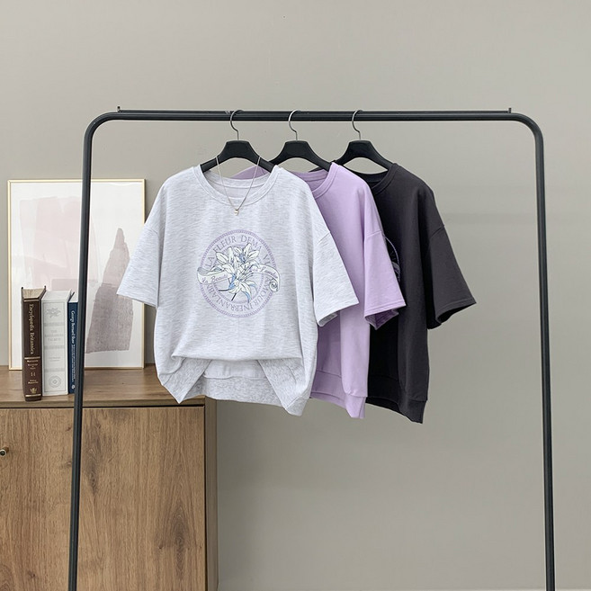 행복여 라뷰티 꽃 로고 레터링 루즈핏 반팔 맨투맨 티셔츠