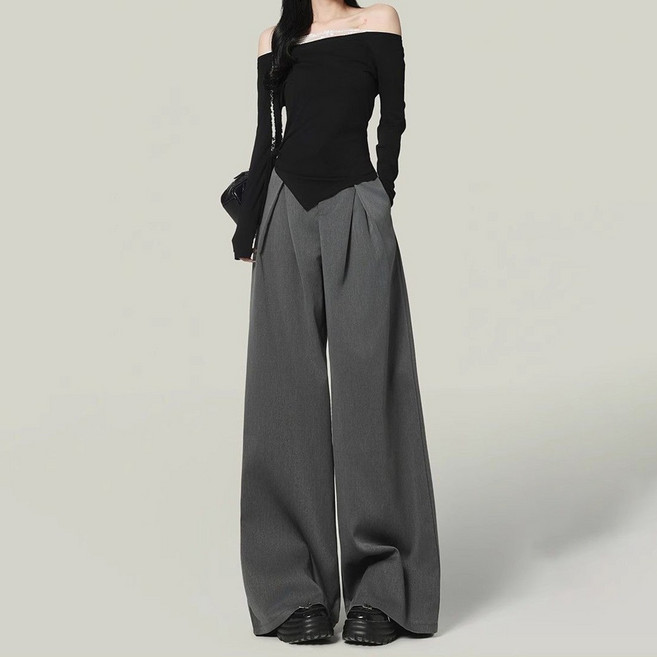 ASURE 여자 레이스 와이드 정장 바지 여자 봄여름 그레이 슬랙스 캐주얼 패션 바지