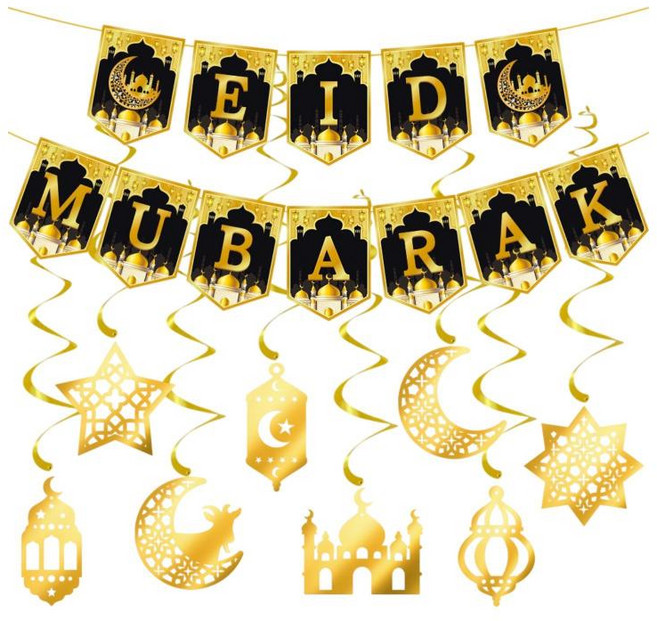 GHSHOP eid mubarak 배너 라마단 장식 소품 화환 교수형 소용돌이 중동 파티 축제 창문 분위기 홈, 종이, 블랙 골드