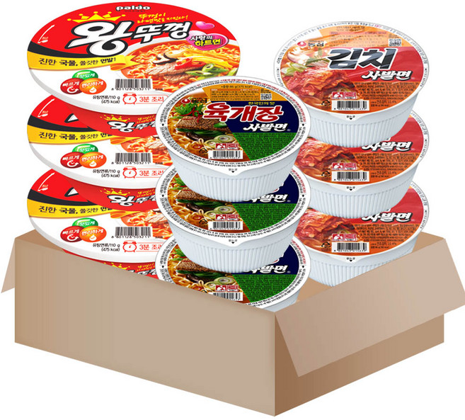 사발면 세트 2호(육개장사발면3+김치사발면3+팔도미니왕뚜껑3)+메세지카드, 1박스