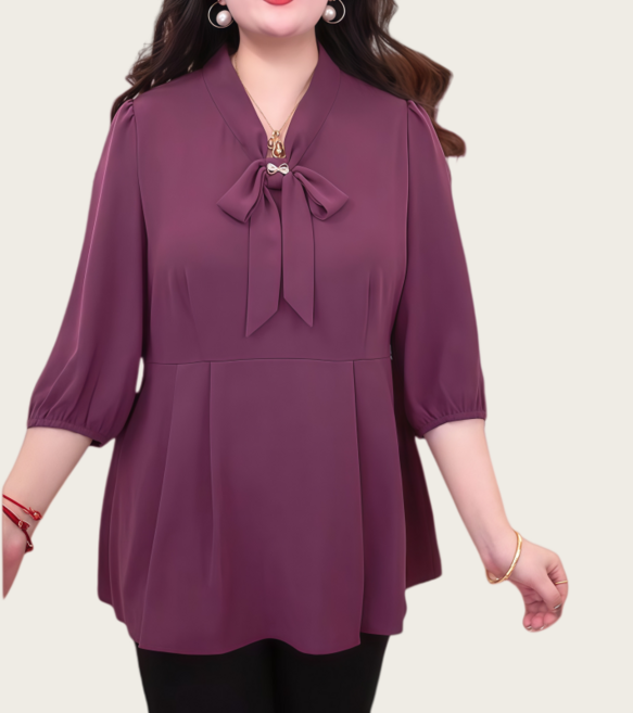 Makone 여성 브이넥 솔리드 빅사이즈 엄마 7부 소매 블라우스 봄여름 리본포인트 트랜드 스타일리쉬 허리조임 밑단 플레어 상의