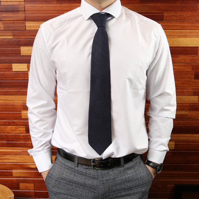 와이드 카라 실켓 스판 소재 기본 레귤러 핏 정장 화이트 와이셔츠