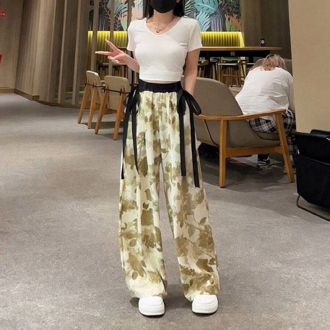 【Arbea】中大童120-170碼女童防蚊褲冰絲水墨畫薄款闊腿褲