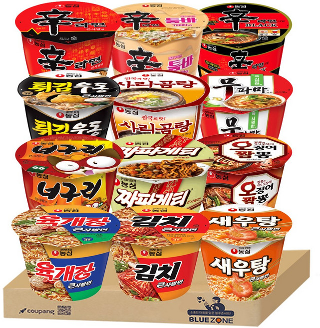 [블루존] 농심 큰컵라면 12종 세트 (신라면+블랙신라면+신라면툼바+사리곰탕+너구리+짜파게티+무파마+오징어짬뽕+새우탕+튀김우동+육개장큰사발+김치큰사발)