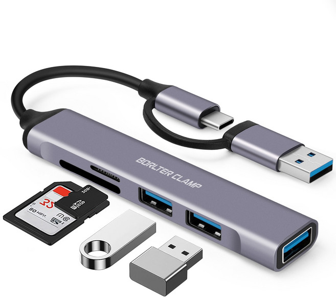 USB C 허브 USB C 어댑터 5-in-1 USB 포트 3개 및 SD microSD 카드 리더 포함 USB 도킹 스테이션 맥북 삼성 갤럭시 노트북 및 휴대폰과 호환 가능, 회색