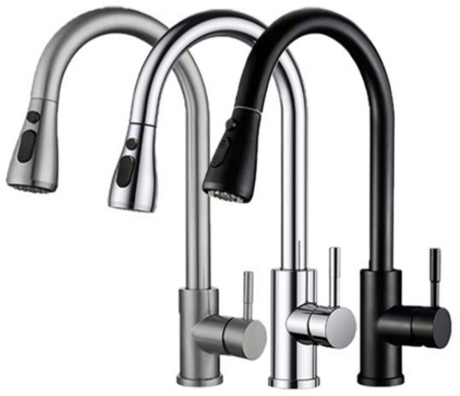 【小山】廚房抽拉式水龍頭 304不鏽鋼 冷熱兩用, 1個, 拉絲+尼龍抽拉管（配60CM進水管一對)