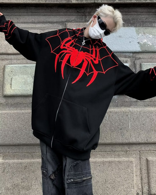 아메리칸 미니멀 디자인 스파이더맨 후드 집업 가디건 국조 브랜드 스트리트 루즈핏 코트