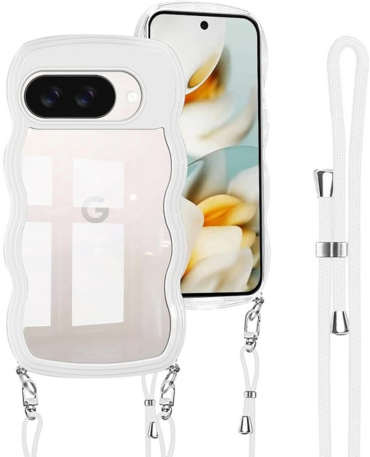 Google Pixel 9a 용 케이스 어깨 스트랩 Pixel9a 커버 파형 웨이브 대각선 어깨 한국 픽셀 9a 스마트폰 케이스 화이트