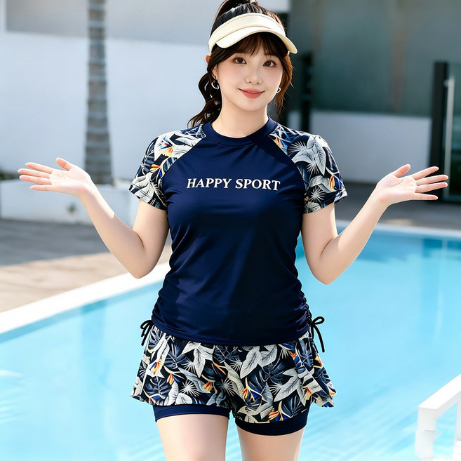 大碼泳衣女保守分體遮肚顯瘦泡溫泉微胖女孩運動游泳衣, 藏青色