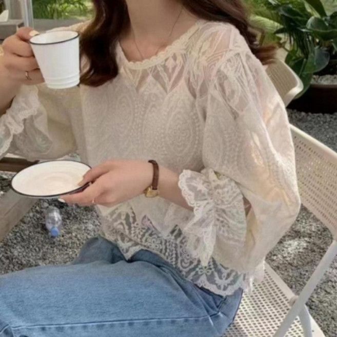 여성 퍼프 블라 레이스 데일리 러블리 시스루 사계절dmm