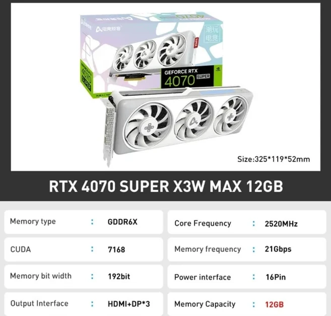 중고 비디오 게임 플레이스 카드 RTX4070 슈퍼 X3W 맥스 12GB GDDR6X NVIDIA 비트 16 핀, 01 4070 SUPER X3W MAX