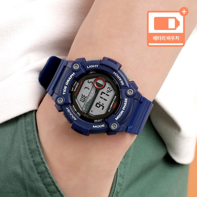 카시오 남성 문페이즈 조수그래프 10년 배터리 디지털 우레탄 시계 + 배터리 바우처