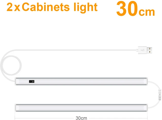 핸드 웨이브 터치리스 트리거 스위치가 있는 LED 조명 바 카운터 조명 아래 책상 싱크대 작업대용 USB 플러, 2x Light Bar 30CM, 06 2x Light Bar 30CM