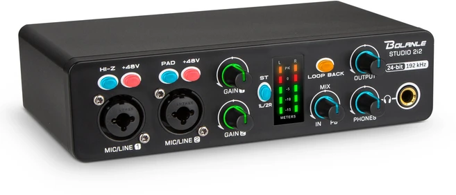 볼란레 2X2 USB 오디오 인터페이스 스테레오 녹음 24비트/192kHz 48V 전원 플러그 앤 플레이 팟캐스트/보컬, 02 2i2