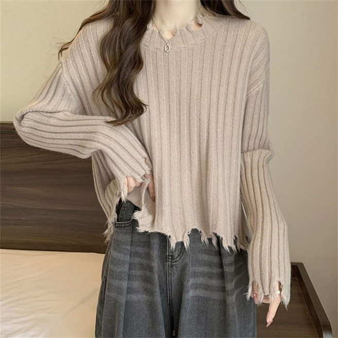 besteffie 여성용 가을 겨울 찢어진 디테일 라운드넥 니트 스웨터 솔리드컬러 디자인 루즈핏 긴팔 상의 K39