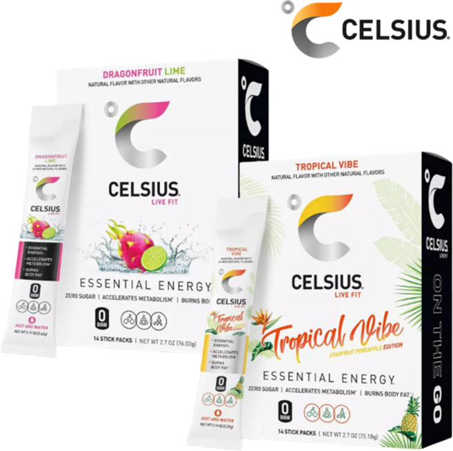 [CELSIUS] [1+1] 셀시어스 히트 워터 제로슈가 드래곤프루트 라임 맛 14개입 + 트로피컬 바이브 14개입 운동 에너지 드링크 파우더 Energy Drink Mix