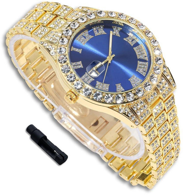 Richhut 아동용 청소년용 럭셔리 다이아몬드 시계 - 아이스 아웃 블링 18K 리얼 골드/플래티넘 도금 - 42mm 라운드 멀티컬러 다이얼 스트랩 20.3cm(8인치) -