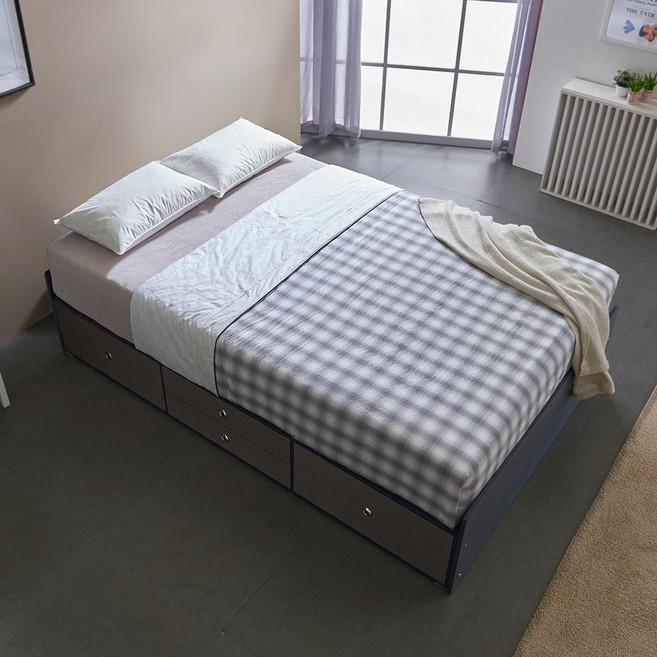 케이컴퍼니 이음낮은헤드 더블 침대세트(독립포켓+40T토퍼매트리스), 네이비그레이