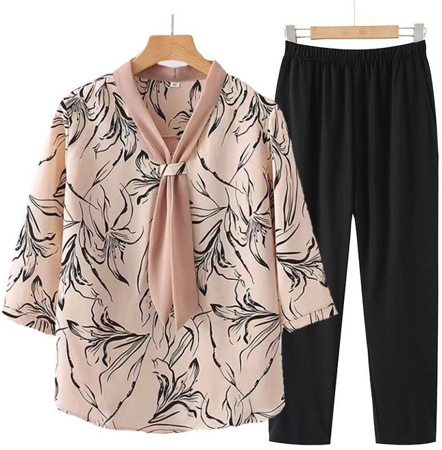중년 여성 여름 쉬폰 세트 세련된 플로랄 프린트 고급 투피스 수트 셋업 JS