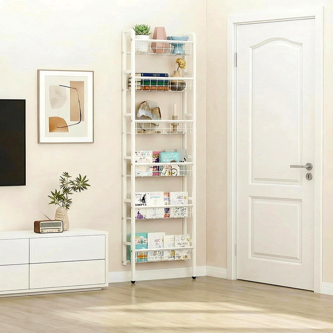 트리플썬 슬림 무타공 문뒤 틈새 선반 수납장 6단, 화이트