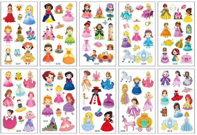 KC인증 디즈니공주 어린이 타투스티커 프린세스 여아 판박이 야광 놀이 꾸미기 집콕놀이 스티커, GZ-10종, 1개, 공주
